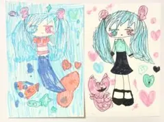 オリジナルイラスト 子供が描いた絵 人魚の女の子2枚セット 手描きイラスト