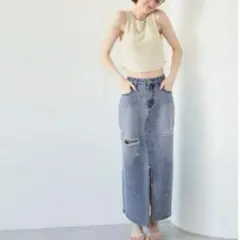 coca ブルー　デニムロングスカートMサイズ　ダメージスカート