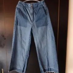 デニムブルー ワイドレッグパンツ フリンジ裾