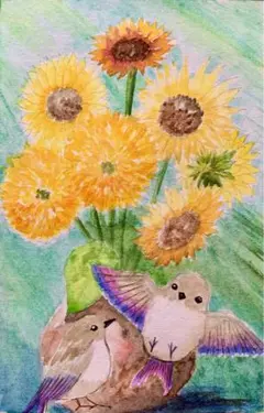 ひまわりと小鳥の水彩画　値段は700円です