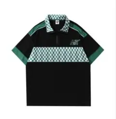 【新品】HOOK レーシング風ブロックチェック切り替え半袖ハーフジップ