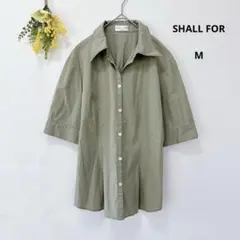 SHALL FOR 五分袖 シャツ M 薄カーキ オープンカラー 飾りステッチ