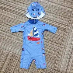 ベビー水着　男の子　90cm 船　ヨット　青　 帽子付き
