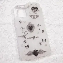 ハンドメイド♡iPhoneケース♡スマホケース♡モノクロ♡ごてごて♡黒♡クロミ♡