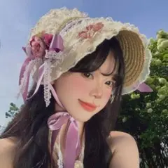 薄ロリータ レース　花　パールの紫色麦わら帽子