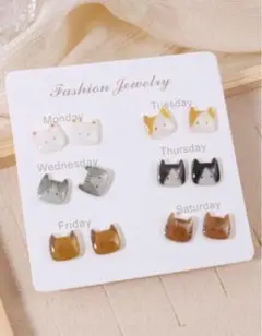 猫 曜日デザイン ピアス6セット 白猫 ハチワレ 茶白猫 サバ白