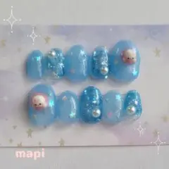 ♡ネイルチップ♡ショートオーバル♡うさぎ♡くま♡ブルー♡現品♡フォローお値引