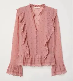 お値下げ❤️ H&M フリル ブラウス ピンク 長袖 シアー シャツ Vネック