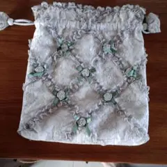vintageヴィンテージアンティークレース刺繍フラワ巾着ポーチ
