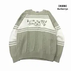 【英国製】90s Burberry ニット セーター 刺繍 薄緑 M