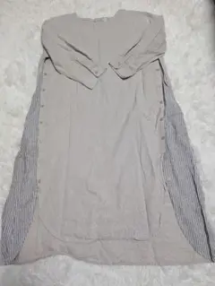 ロングワンピース　麻混　ベージュ　サイドストライプ