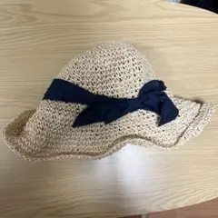 ベージュ 麦わら帽子 リボン付き