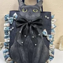 コヤンイサムチョン♡bigなふんわり黒猫ちゃんの縦長フリルトートバッグ