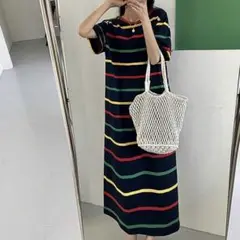 ハーフスリーブロングボーダーワンピース