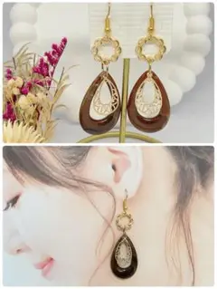 ハンドメイドピアス❤️ゴールドチェーンリング×マーブルブラウンしずくピアス❤️大ぶり