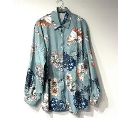 新品未使用 花柄長袖シャツ Lサイズ 青緑色 柄シャツ シーイン