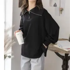 完売品★Ada. ハーフジップミドル丈プルオーバー 黒 ゆったり リラックス F