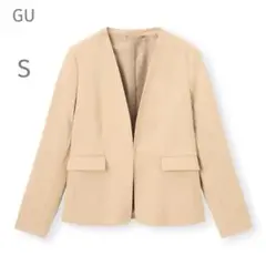 ジーユー【S】ウォッシャブルノーカラージャケット♡ベージュ ノーカラージャケット