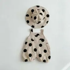 ハット付き　ドットサロペットセット　ベージュ