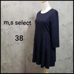m's selectボートネックひざ丈ワンピース38紺色