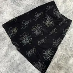 ✨良品✨花柄 ひざ丈 プリーツスカート ブラック コットン100％ サイズM