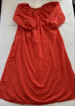 オレンジボリュームスリーブ長袖七分ワンピース