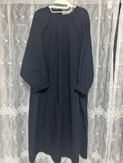ichiネイビー 長袖 ボタン付き ワンピース