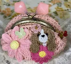 犬とピンク花のがま口財布