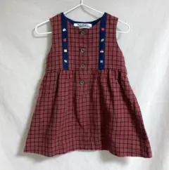 ファミリア　90 ノースリーブ　チェック　赤　コットン　ワンピース 刺繍