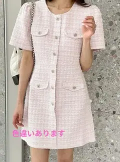【新品未使用】ツイード半袖ミニワンピース　ピンク Mサイズ