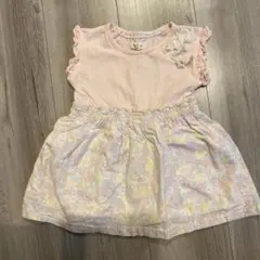 キムラタン　花柄　ピンク　袖フリル切り替えワンピース　ノースリーブ　90