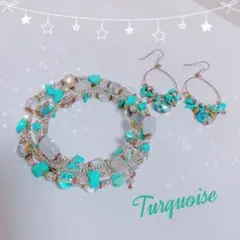 ターコイズ ビーズ ブレスレット ピアスセット