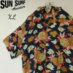 SUN SURF サンサーフ 半袖アロハシャツ XL パイナップル 総柄 黒