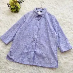 花柄シャツ　(M）　紫　７分袖　大人女子　涼しげ　綿混　カジュアル　 ブラウス