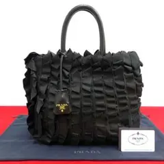 ほぼ未使用 プラダ ロゴ 金具 フリル レザー トートバッグ ハンドバッグ 黒