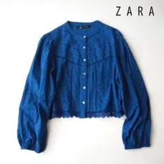 ZARA ザラ エンブロイダリー 刺繍 長袖 シャツ ブラウス XL ブルー
