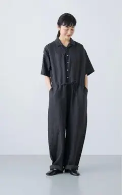 かぐれ　リネンハーフスリーブオールインワン　チャコール