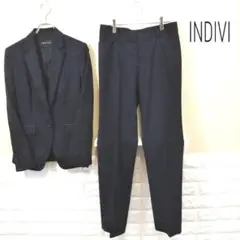 美品 INDIVI パンツスーツ M ネイビー ストライプ 秋冬 レディース