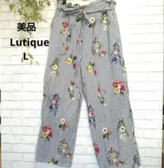 美品【Lutique】ストライプ　花柄　ウエストリボン　ワイドパンツ　L