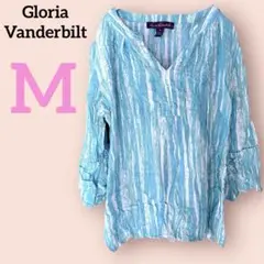 美品✨Gloria Vanderbilt 【M】水色ストライプ五分袖シャツ