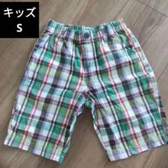 ユニクロ キッズS 緑 チェック ハーフパンツ 綿100%