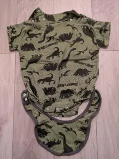 ベビー ロンパース 60cm 綿100% 恐竜柄オリーブグリーン スタイ付き