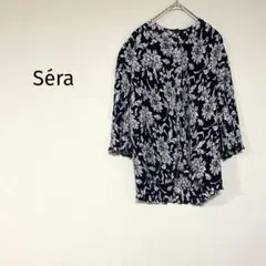 【美品】5分袖ブラウス　花柄　ネイビー　ノーカラー　薄手　カジュアル　982