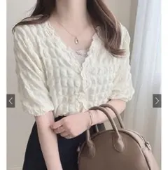 ふくれジャガードハーフスリーブカーディガン アイボリー GRL