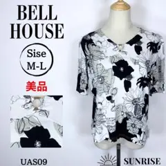 ★美品★ BELL HOUSE 花柄 半袖 Tシャツ Vネック 白黒 綿 M-L