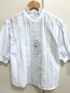 新品 a.v.v レースドッキング フリルネック ブラウス ホワイト コットン