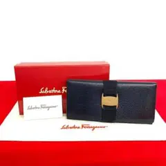 極上 美品 フェラガモ ヴァラ リボン 金具 二つ折り 長 財布 ネイビー