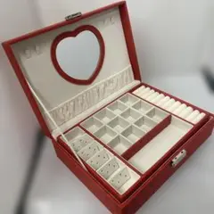 ハート型鏡付き【未使用】ジュエリーボックス レザー調 宝石箱 2段 鍵付き 赤