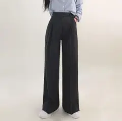 ワンボタンピンタックワイドスラックス グレー