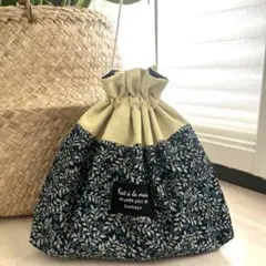 花柄　フリル巾着袋✴︎ブルー　横長タイプ